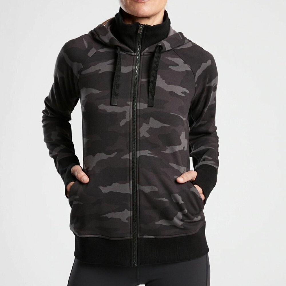 Athleta Women's Large Black Camo Triumph Printed Hoodie Jacket Full Zip Jacket